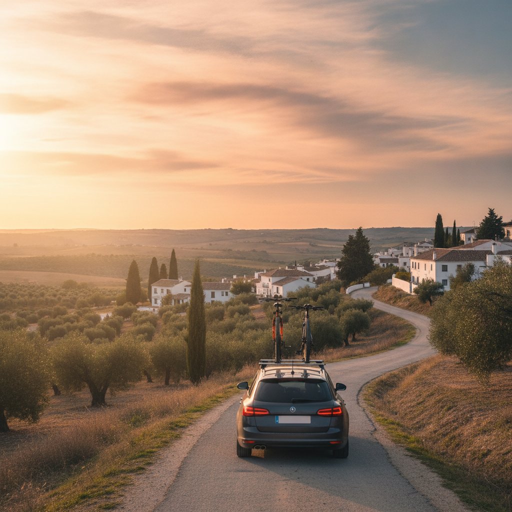 Coche con dos bicis sobre el portabicis de techo, en una carretera secundaria al atardecer